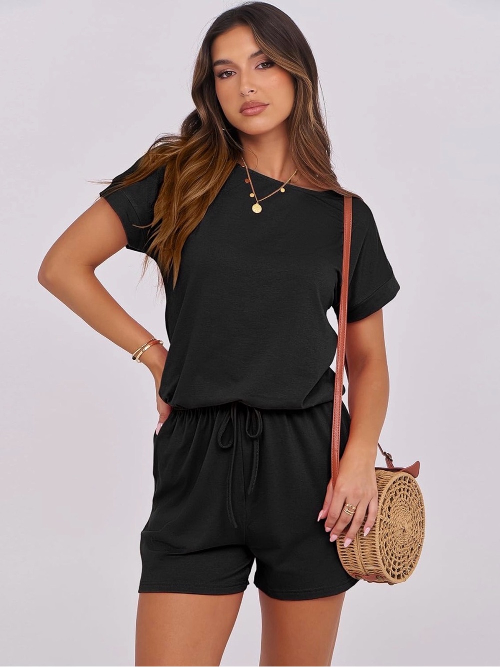 Anrabess Short Sleeve Romper with Drawstring Waist